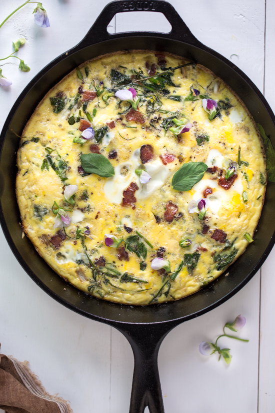 csa frittata with pea shoots and bacon - Jelly Toast