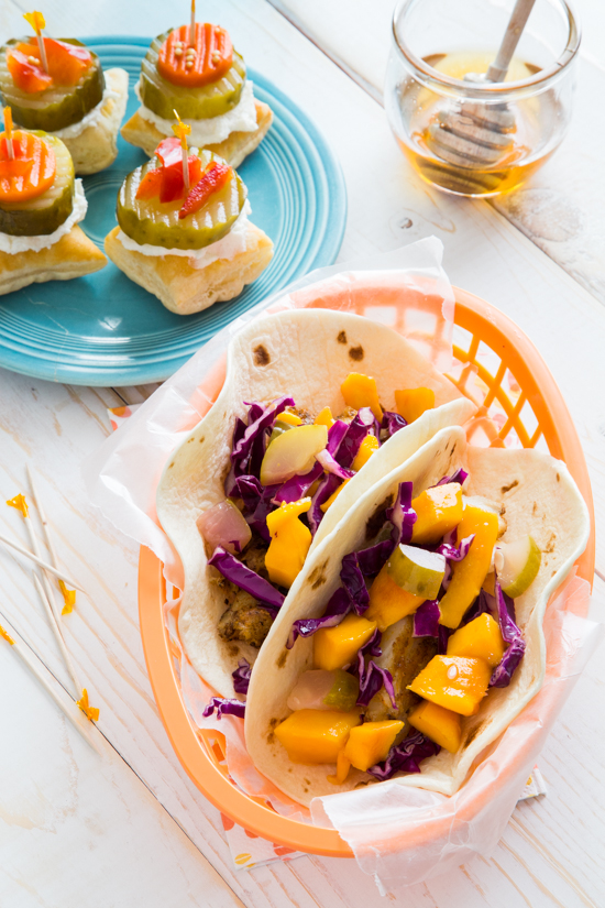 honey goat cheese pickle bites + mango dill pickle slaw - Jelly Toast