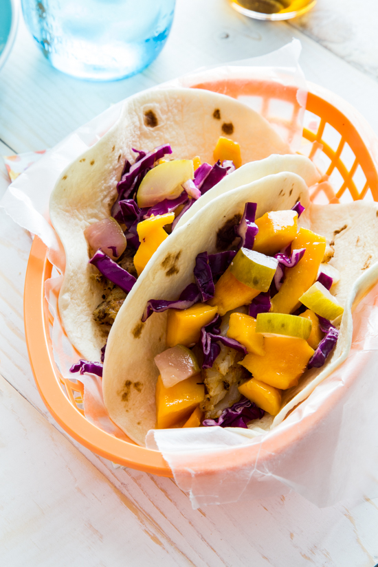 Fish Tacos with Mango Pickle Slaw