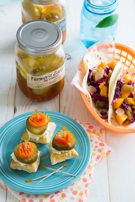 Honey Goat Cheese Pickle Bites + Mango Dill Pickle Slaw