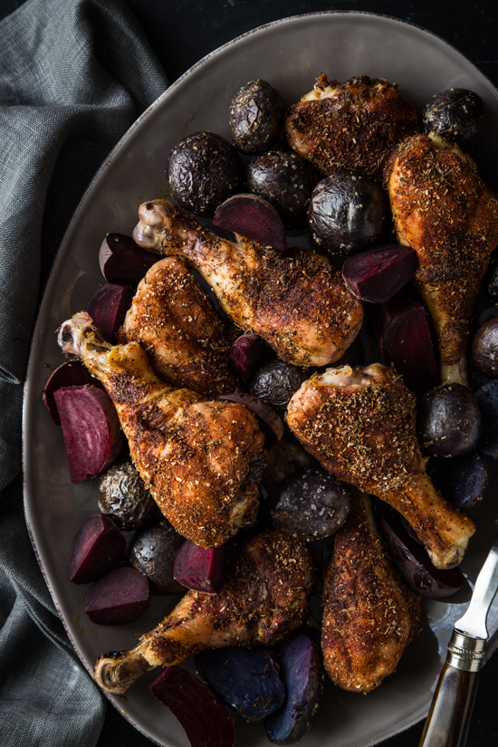 Blackened Chicken Legs with Red Beets and Potatoes | www.jellytoastblog.com