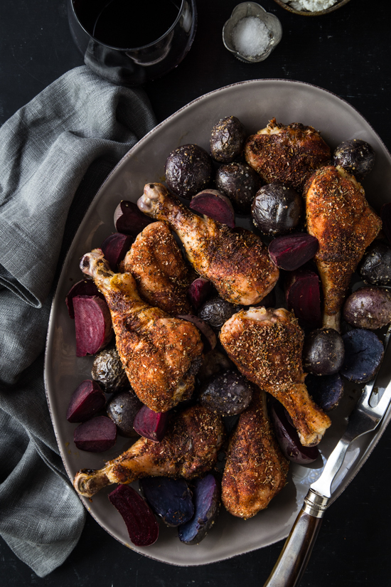 Blackened Chicken Legs with Red Beets and Potatoes | www.jellytoastblog.com