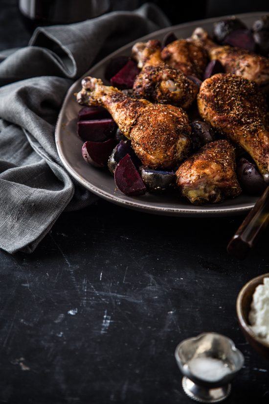 Blackened Chicken Legs with Red Beets and Potatoes | www.jellytoastblog.com