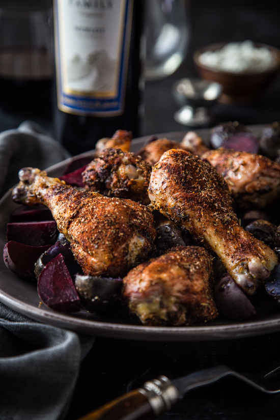 Blackened Chicken Legs with Red Beets and Potatoes | www.jellytoastblog.com