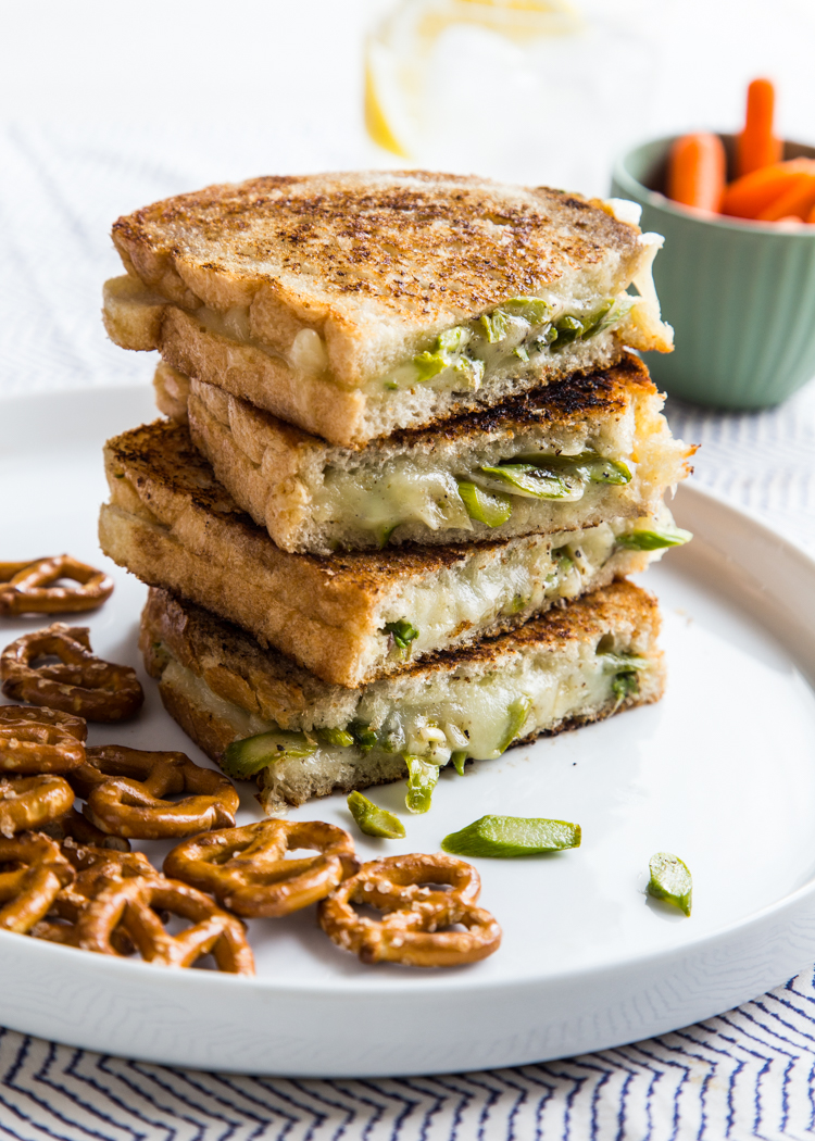 stack of asparagus grilled cheese sandwiches