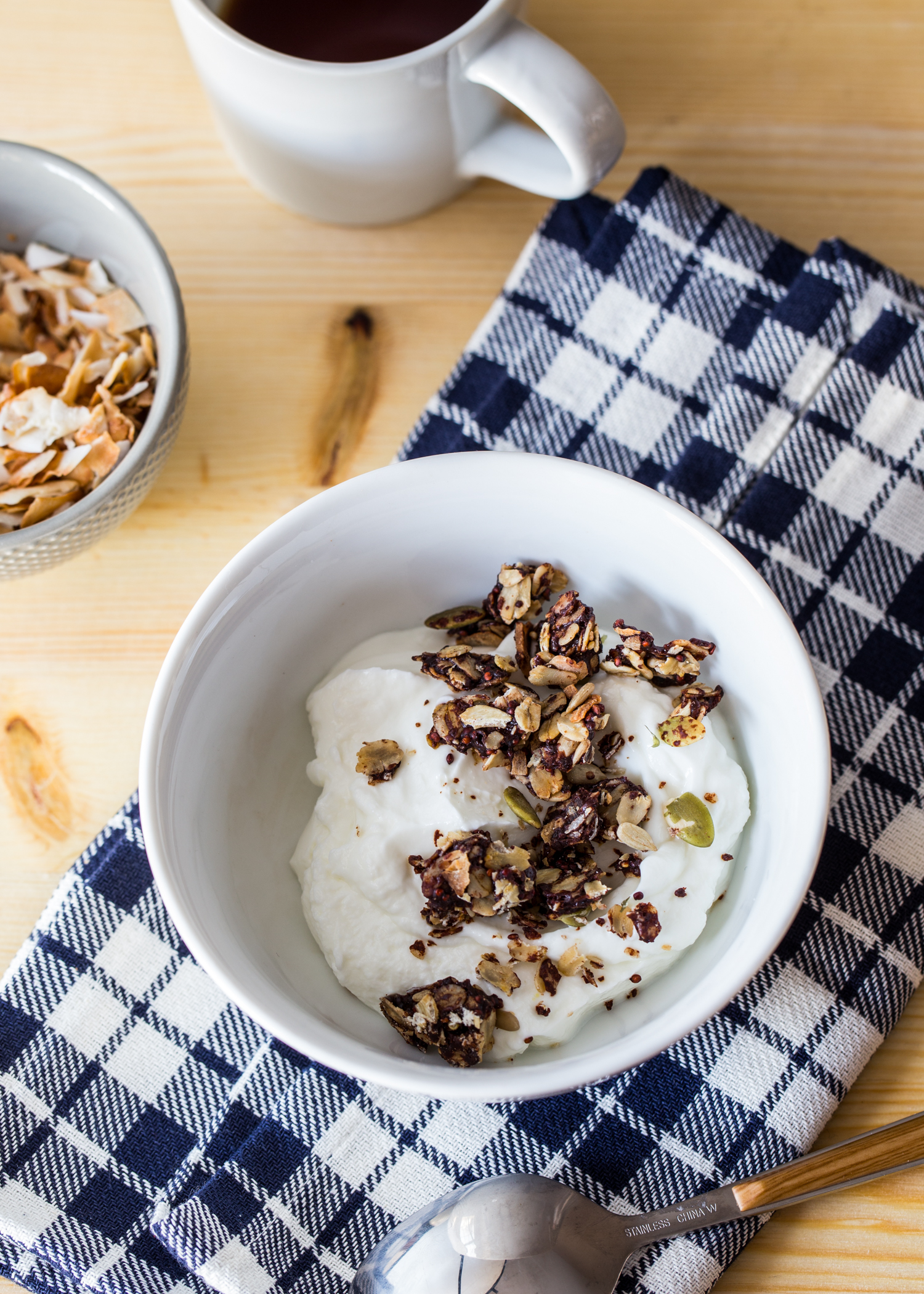 Chocolate Coconut Granola is a great, crunchy topping for Greek yogurt.