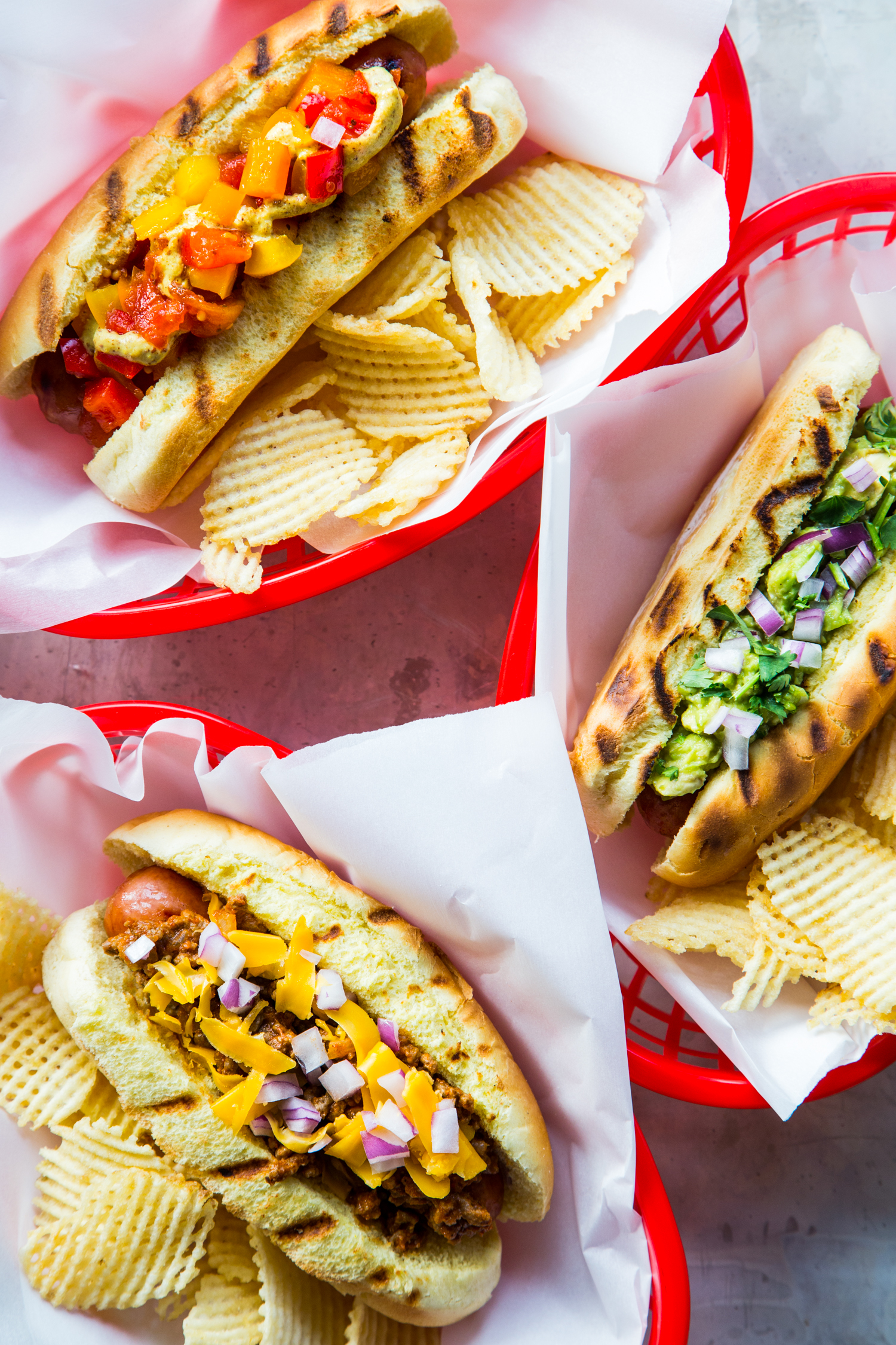 Homemade Hot Dog Toppings - Chili Cheese Dogs, Guacamole Dogs, Pepper Relish Dogs