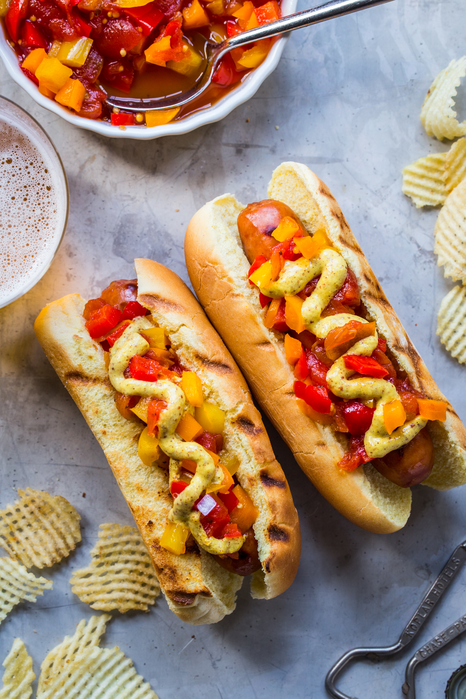 Grilled Hot Dogs with Pineapple-Pepper Relish