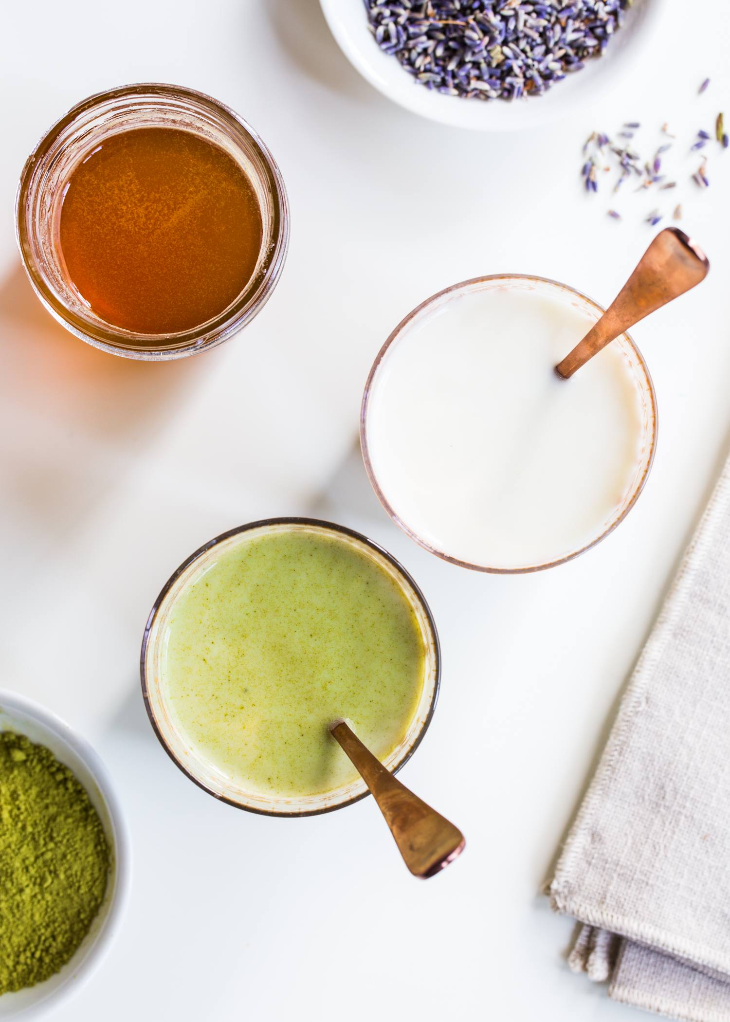 Flavored Milk Three Ways - Lavender Honey Milk with Matcha Powder