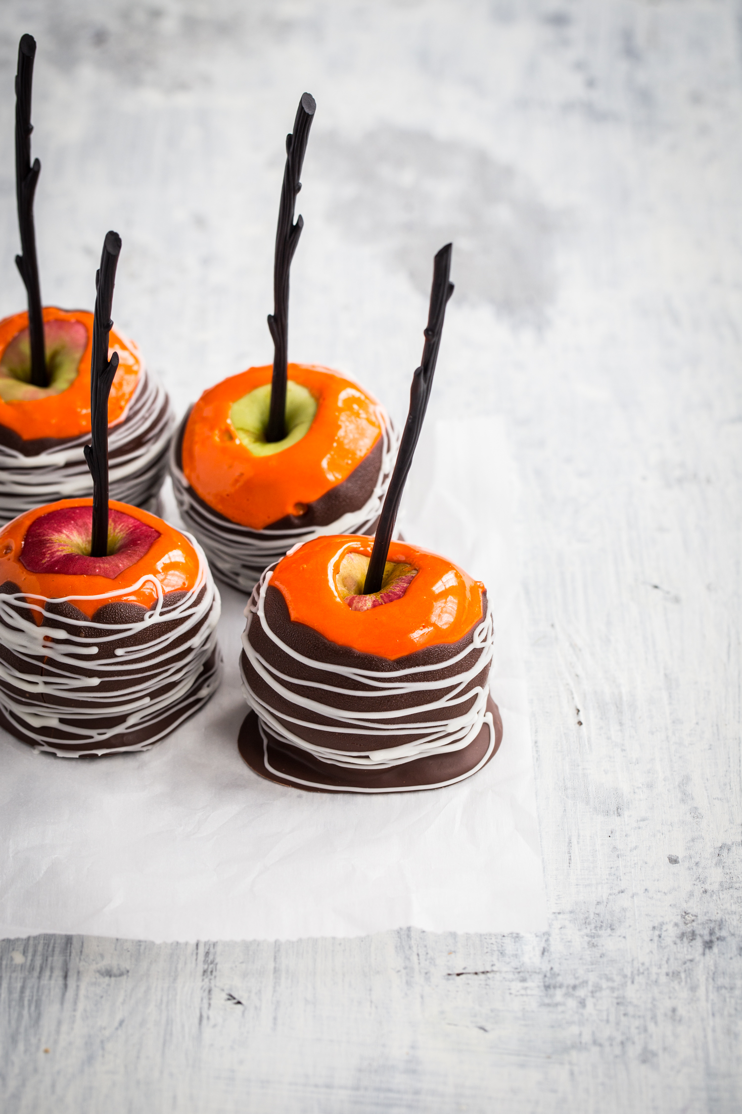 Marshmallow Dipped Apples with dark and white chocolate candy coating