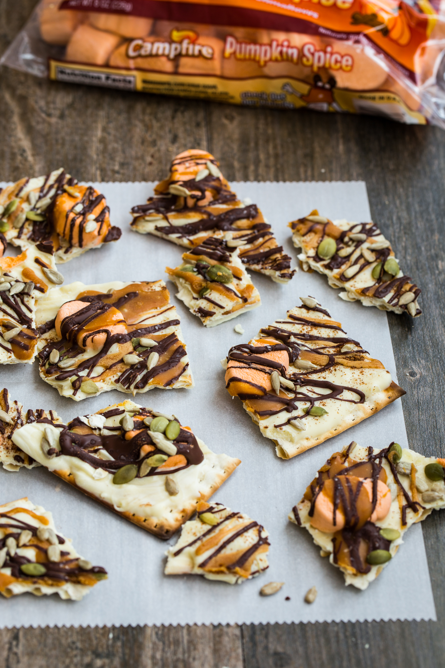 Pumpkin Spice White Chocolate Bark made with matzo crackers and Campfire® Marshmallows