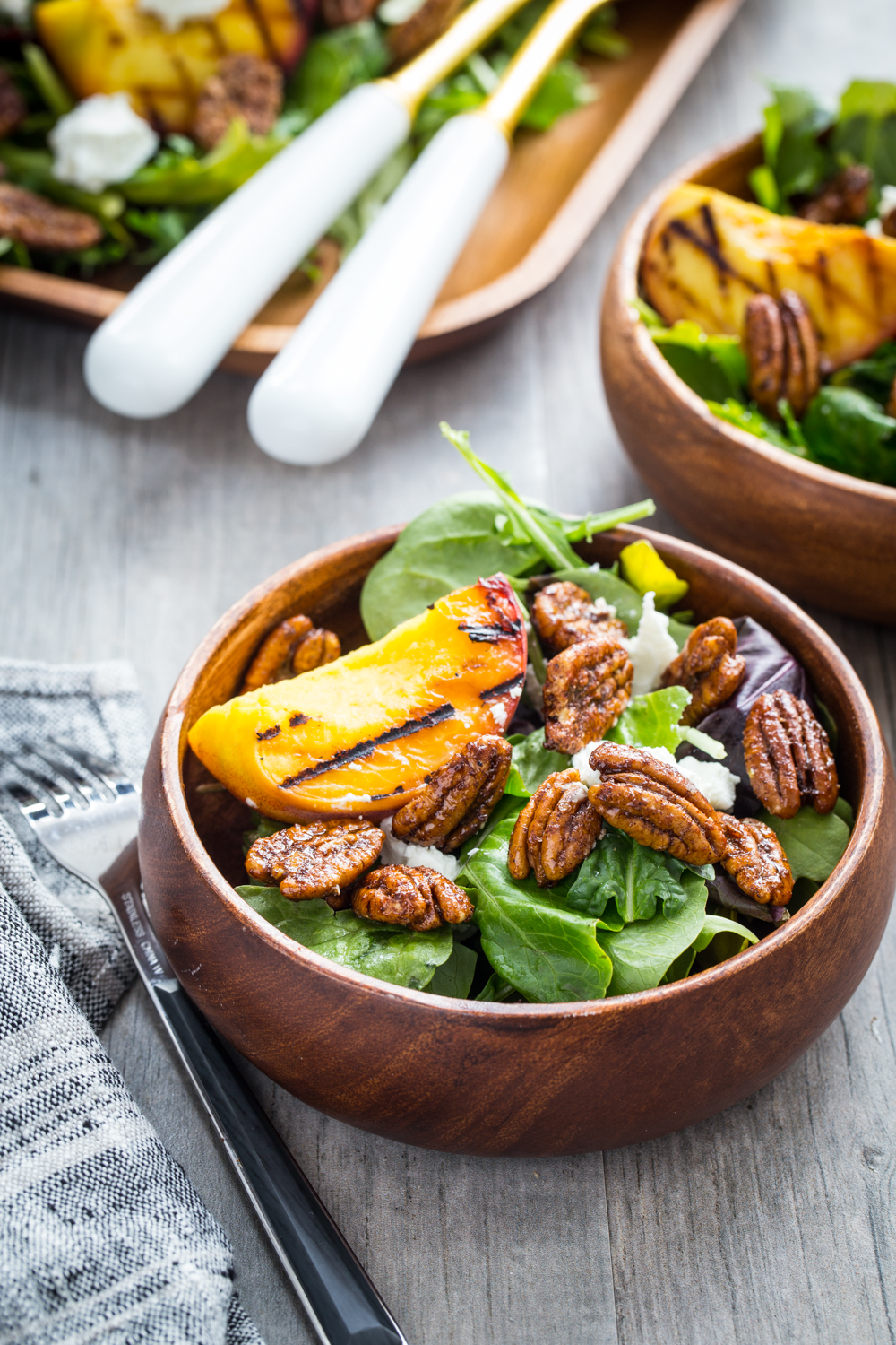 Spiced Pecan Grilled Peach Salad from Jelly Toast - Full of lovely spiced pecans and tender grilled peaches