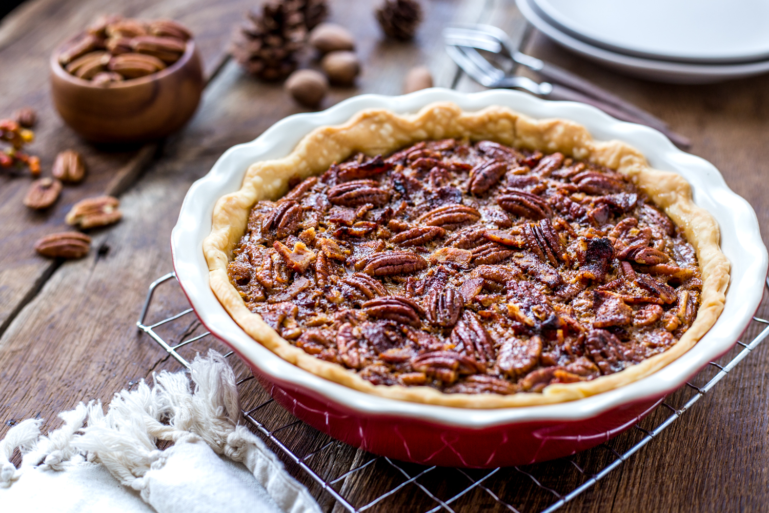 Bourbon Bacon Pecan Pie is a great twist on a Thanksgiving classic