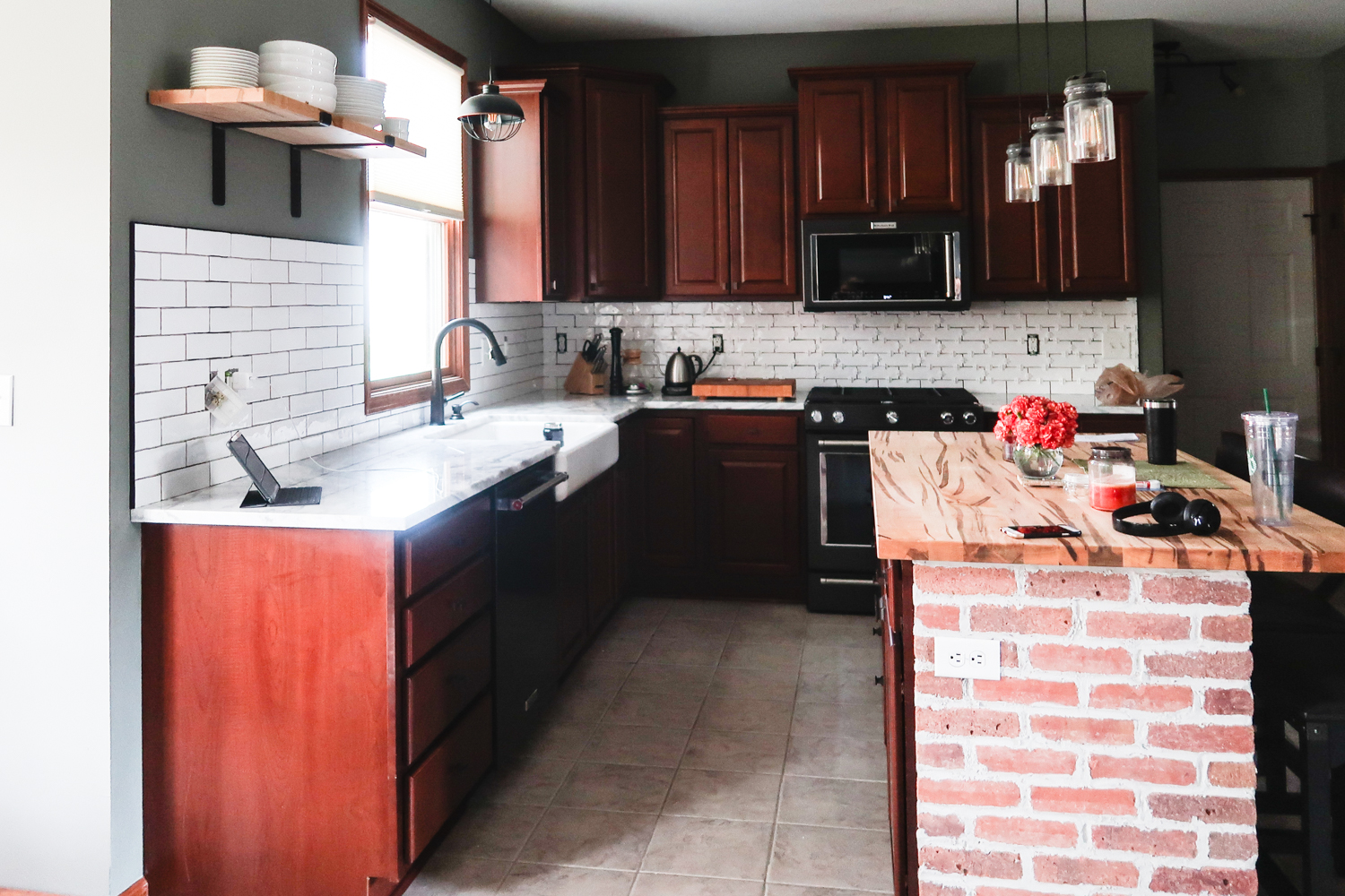 finished subway tile backsplash in kitchen