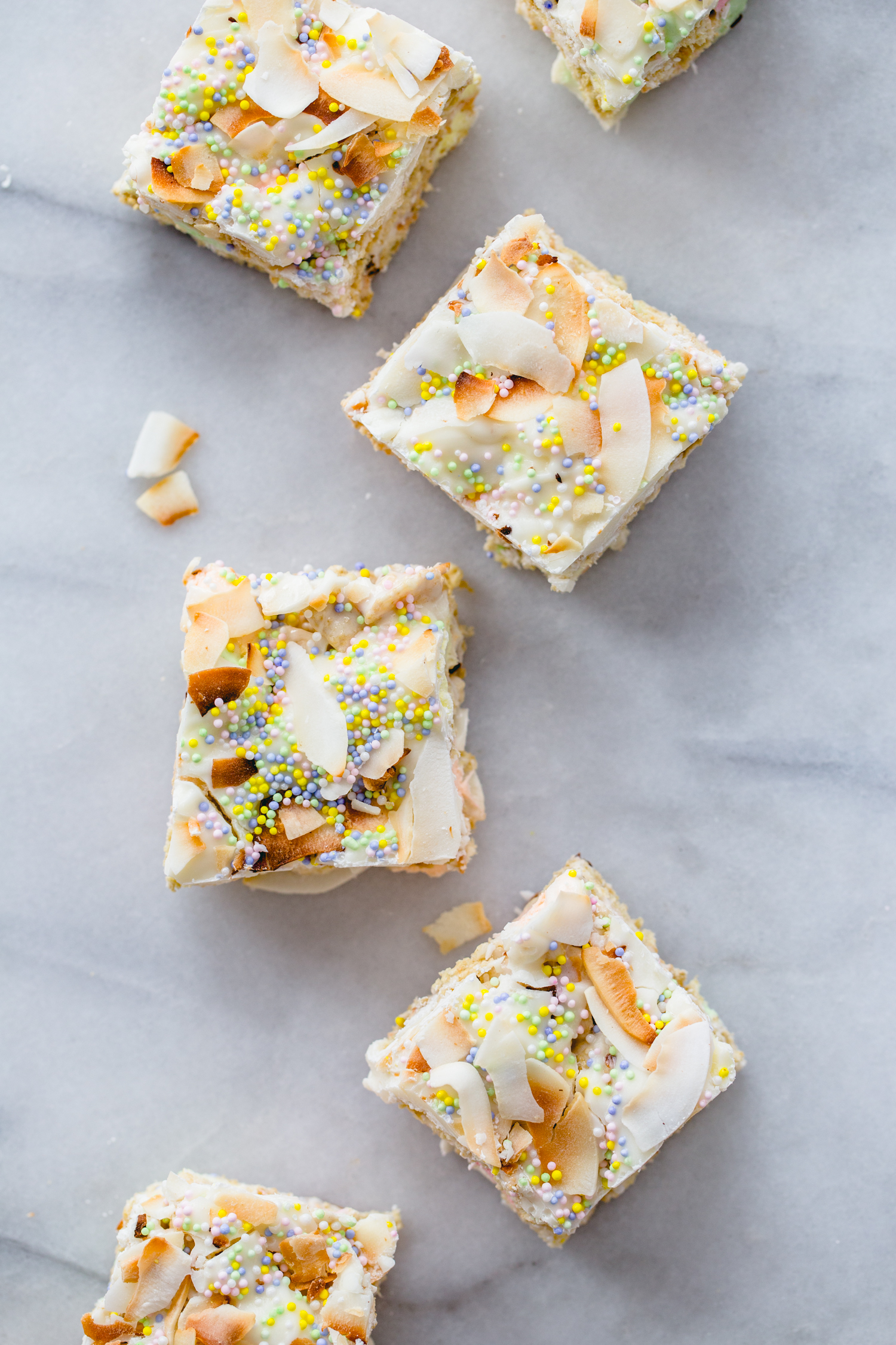 cereal treats lined up on marble counter