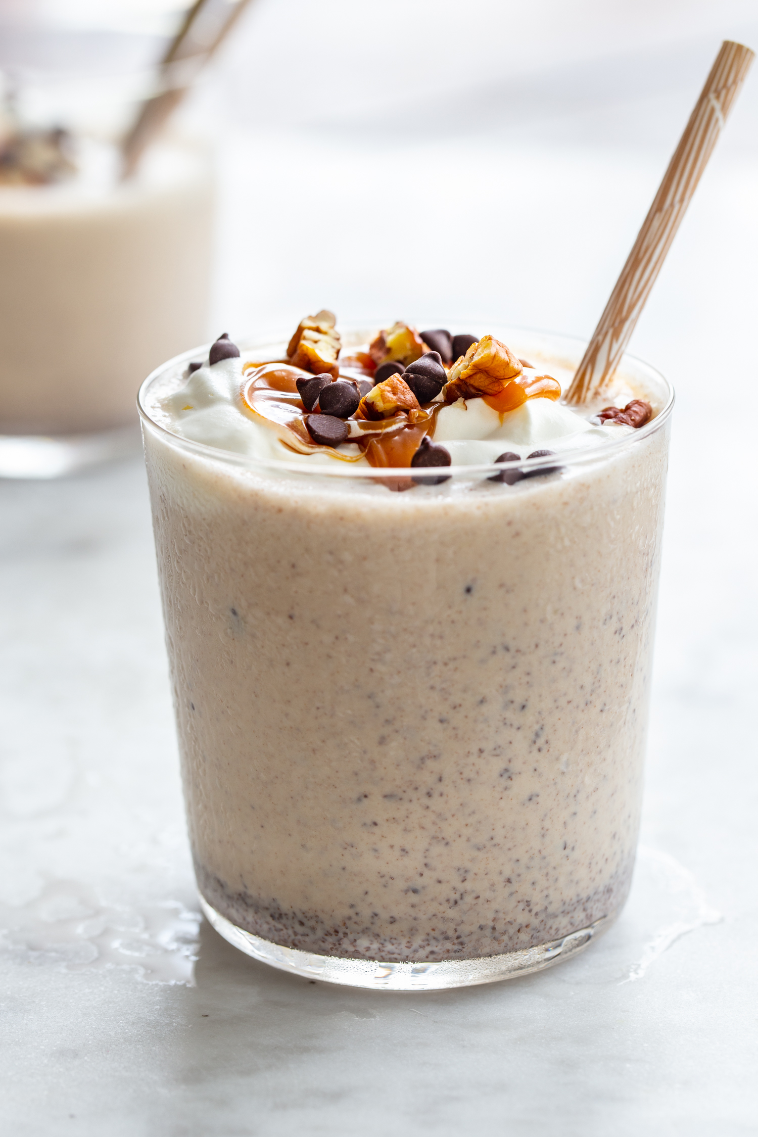 Milkshake with caramel, chocolate, and pecans