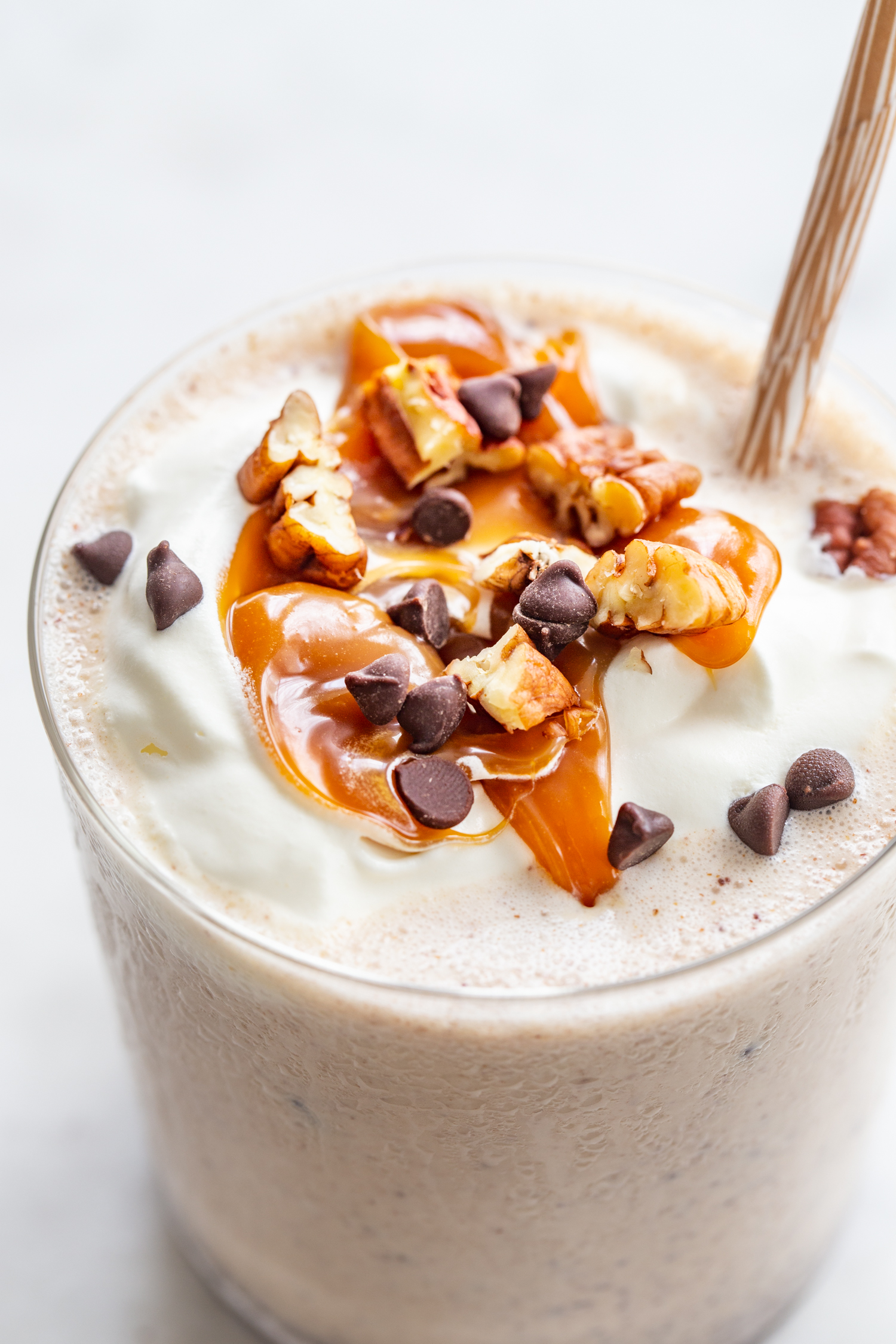 milkshake with pecans, caramel, and chocolate