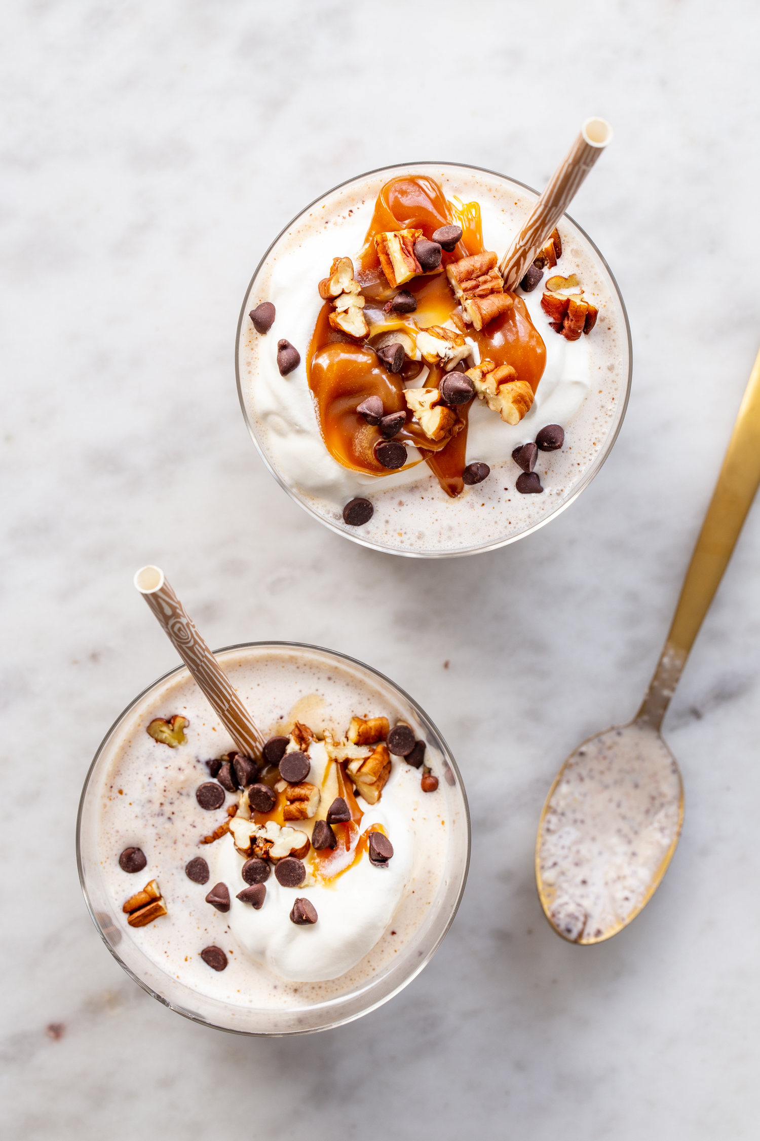 milkshakes with caramel, chocolate, and pecans