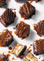 chocolate covered s'mores with caramel drizzle