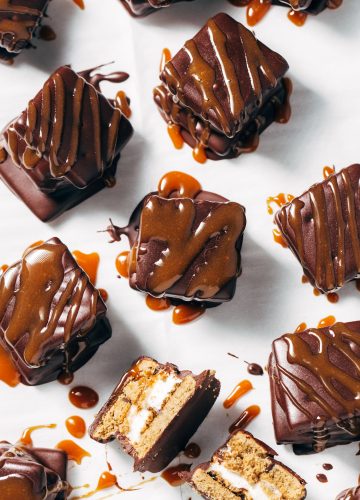 chocolate covered s'mores with caramel drizzle