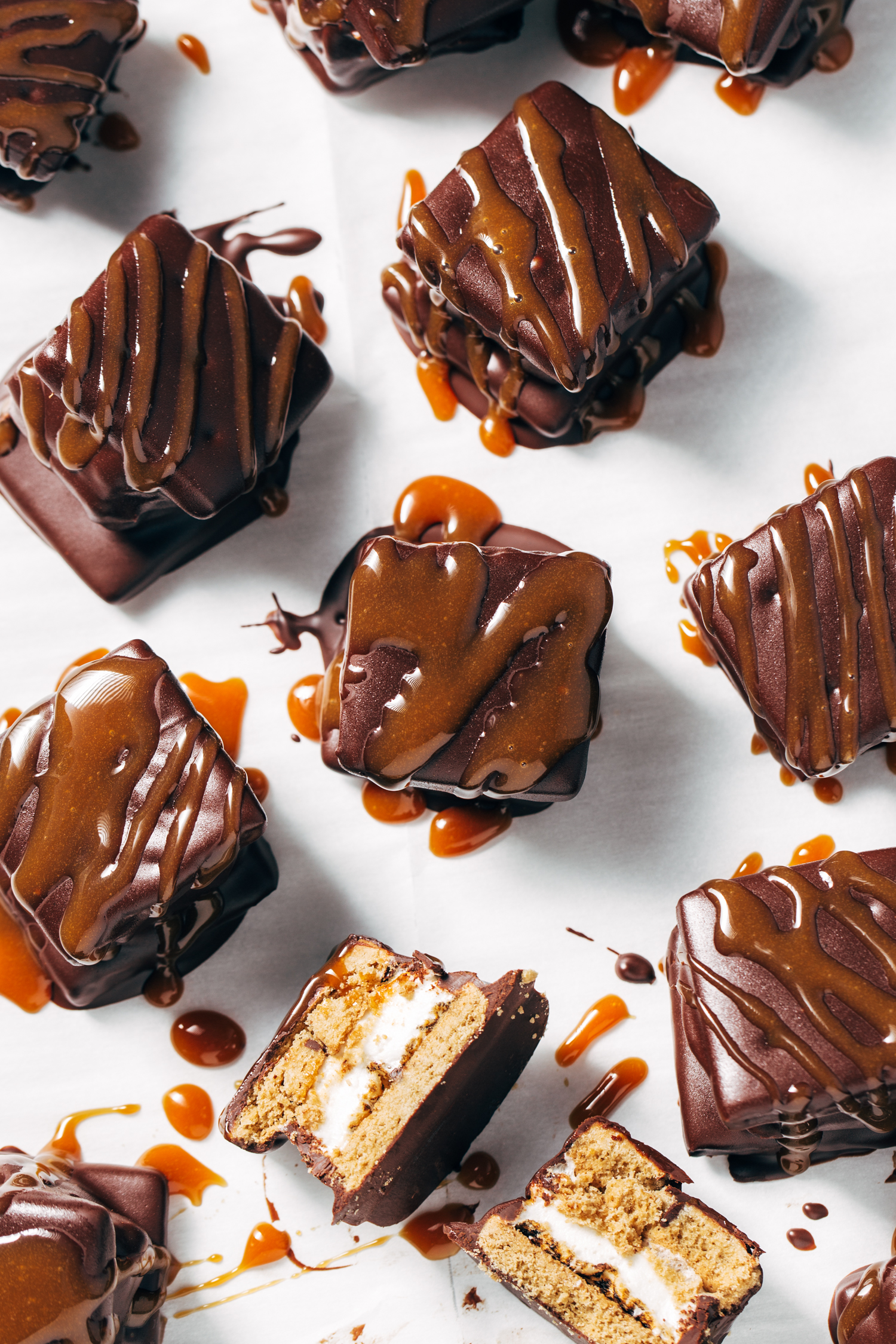 chocolate covered s'mores with caramel drizzle